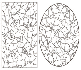 A set of contour illustrations of stained glass Windows with birds on tree branches, dark outlines on a white background