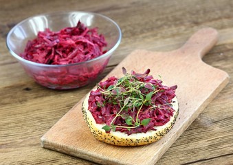 Homemade sandwich with beetroot. Made from red beetroot, mayonnaise, cheese and herbs
