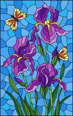Illustration in stained glass style with a bouquet of purple irises and yellow butterflies on a blue background