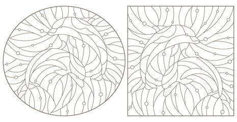 Set of contour illustrations of stained glass Windows with dolphins, dark contours on a white background