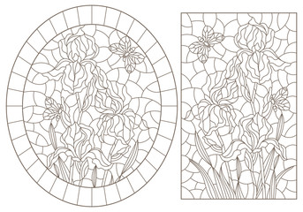 A set of contour illustrations of stained glass Windows with irises and butterflys, dark contours on a white background, oval and rectangular image