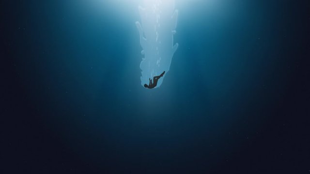 2D animation, abstract embrace of a naked couple, stars inside, man falls from the sky to sink into the ocean, drowning in the sea