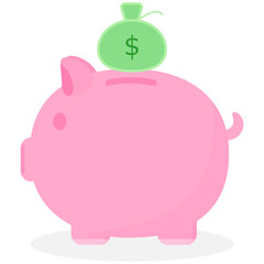 Cute pink piggy bank with money bag.