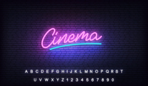 Cinema neon template. Glowing neon letteing Cinema label