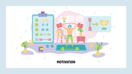 Man workout in a gym and do weights lifting. Sport fitness center, exercise, muscle. Healthy lifestyle. Training at home. Vector web site design template. Landing page website illustration.