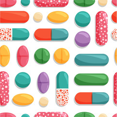 Vector seamless pattern with colorful pills. Medical, pharmaceutical symbols isolated on white background.