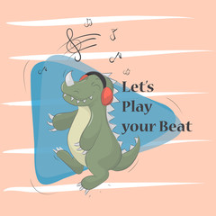 Illustration of dinosaur listening music