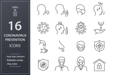 Coronavirus line icons set. Black vector illustration. Editable stroke.