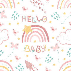 Hand drawn rainbow doodle vector seamless pattern in pastel pink colors. Scandinavian Design for nursery textile, apparel.