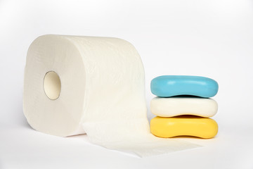 Toilet Paper, Tissue Paper, Soap, Soap Bar, White Background.