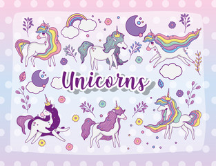 unicorns cartoons set vector design