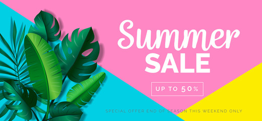 Fototapeta summer sale creative banner with tropical leaves on geometric background obraz