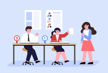 Voting and Election concept Vector illustration. Pre-election campaign. Citizens putting paper vote in to the ballot box candidates.