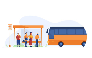 Passengers waiting for public transport at bus stop flat vector illustration. Cartoon characters using auto. Transportation and conveyance concept. © SurfupVector