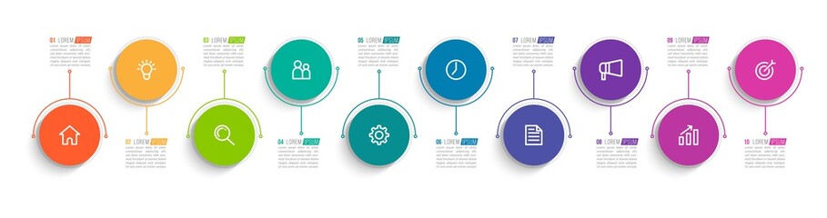 Minimal Business Infographic template. Timeline with 10 steps, options and marketing icons .Vector linear infographic with ten  elements. Can be use for presentation.