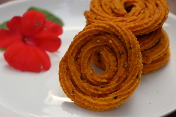 Chakali, murukoo, spiral maharashtrian snack made with gram flour