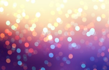 Bokeh colorful confetti pattern on purple pink yellow gradient blur background. Xmas wonderful abstract illustration.