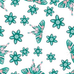 Seamless pattern with hand drawn doodle flowers and butterflies. Floral vector background.