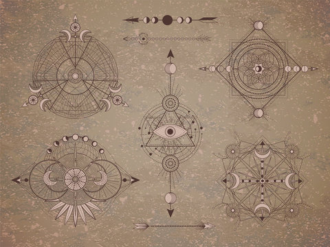 Vector set of Sacred symbols with moon, eye, arrows and geometric figures on old paper background. Abstract mystic signs collection.
