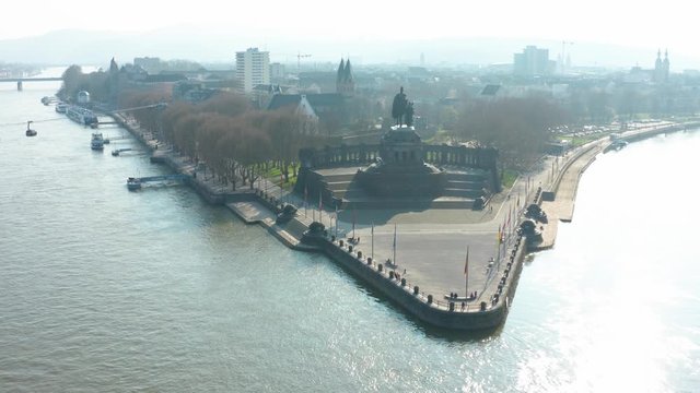 Deutsches Eck german corner in Koblenz with the monument statue of the Kaiser Emperor Wilhelm I with the river rhine and the river mosel aerial drone panorama rotating shot Drohne, Luftaufnahme 25p