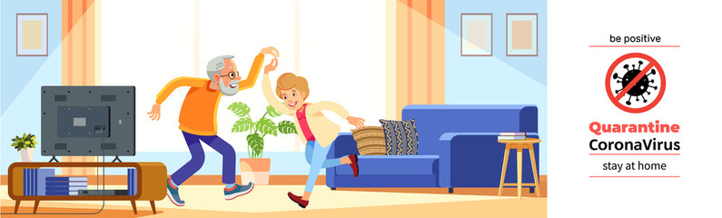 Beautiful senior couple dancing at home and smiling during a coronavirus crisis. The poster must be positive. Covid-19 or coronavirus. Quarantine. Stay at home. Cartoon vector illustration