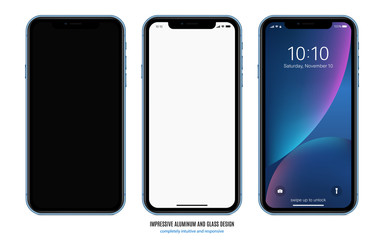 smartphone blue color with black, blank and colored touchscreen isolated on white background. realistic mobile phone mockup. stock vector illustration
