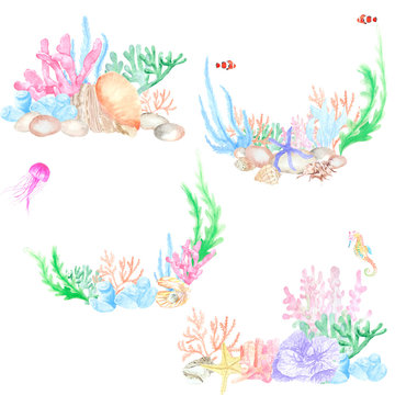 Watercolor illustration of a collection of marine compositions. Good for decorating postcards, invitations, logos, websites, textiles, souvenirs, photo albums, decoupage and other creative ideas.