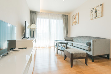 Modern living room and kitchen in small apartment 