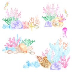 Watercolor collection of coral reef. Perfect for the design of printing, textiles, web sites, decoupage, souvenir products and other creative applications.