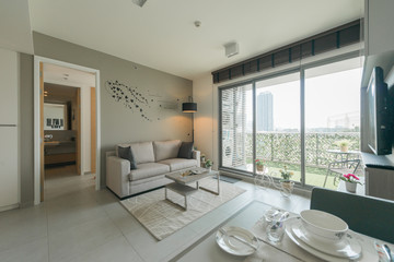 Modern living room and kitchen in small apartment 