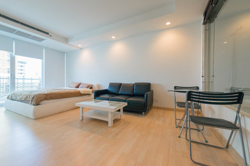 Modern living room and kitchen in small apartment 