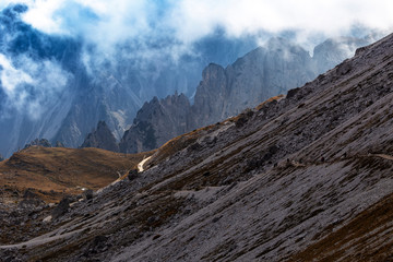Italian Dolomites, Tre Cime, Rifugio Lavaredo - stony road around Tre Cime leading down to the mountain 