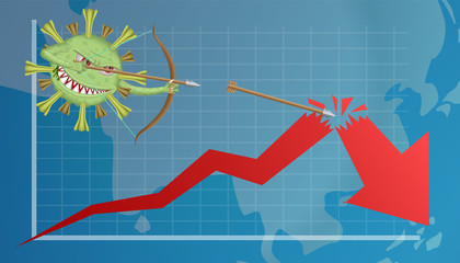 Covid-19 cell shoot a bow to graph chart down, corona or covid-19 virus global economic impacts, economy graph chart down because corona or covid virus.