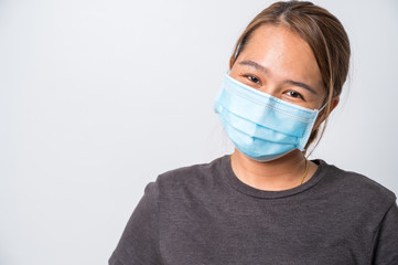 Covid-19 Concept,Asian young woman wearing a hygiene protective mask over her face on White background,Coronavirus Covid-19 and Air pollution pm2.5 concept background.