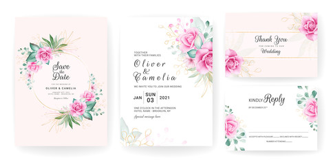 Fototapeta na wymiar Foliage wedding invitation card template set with watercolor floral arrangements and border. Flowers decoration for save the date, greeting, rsvp, thank you, poster. Botanic illustration vector