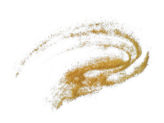 Wood sawdust on white background. Pile of wood shavings and wood powder isolated on white...