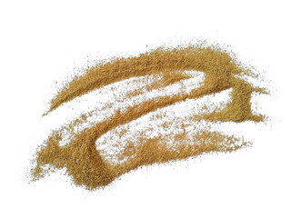 Wood sawdust on white background. Pile of wood shavings and wood powder isolated on white...