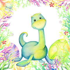 Fototapeta premium Cute dinosaur, surrounded by coral fish and shells. Watercolor frame, on an isolated background, with a prehistoric animal. Children's clip art, for greeting cards.