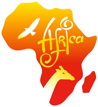 Silhouette of the continent with the inscription "Africa" and images of a giraffe with an eagle