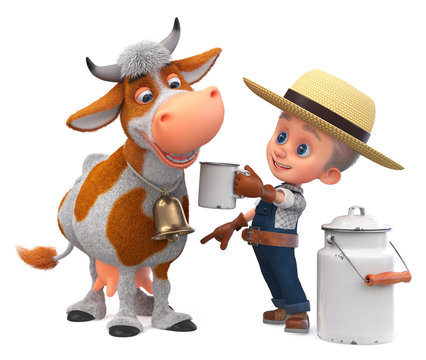 3D illustration funny farmer boy in overalls with a cow/3D illustration child in a straw hat is engaged in animal husbandry