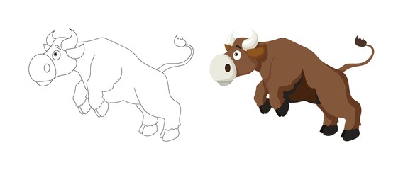 Vector cartoon style illustration of bull farm animal coloring book page