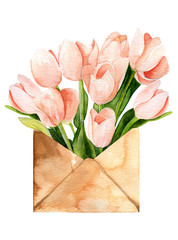Watercolor tulips in an envelope.