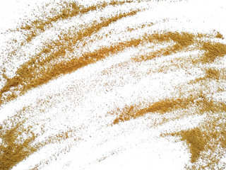 Wood sawdust on white background. Pile of wood shavings and wood powder isolated on white...