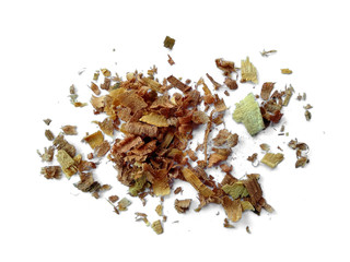Wood sawdust on white background. Pile of wood shavings and wood powder isolated on white...