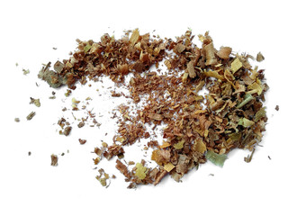 Wood sawdust on white background. Pile of wood shavings and wood powder isolated on white background.