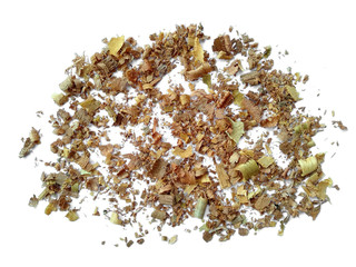 Wood sawdust on white background. Pile of wood shavings and wood powder isolated on white...