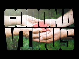 COVID-19 coronavirus. Fill text, old and young hands, red heart image cut, white background. Elderly people health. Compassion, dangerous, chinese virus outbreak, volunteer, stay at home.