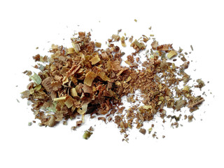Wood sawdust on white background. Pile of wood shavings and wood powder isolated on white...