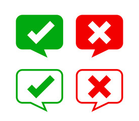 check mark sign in speech bubble square isolated on white, checkmark yes or no vote in speech box symbol, correct choice x or confirm and deny icon, cross or right for question, label talk ok and deny