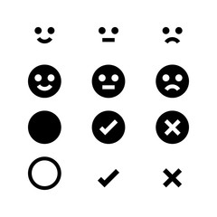 black icon emotions face, emotional symbol and approval check sign button, black emotions faces and check mark x or confirm and deny, button white flat for apps, black icons checkmark